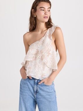 Ramy Brooke Maureen Crop Burnout Ruffle One Sleeve Tier Summer Top NEW $275